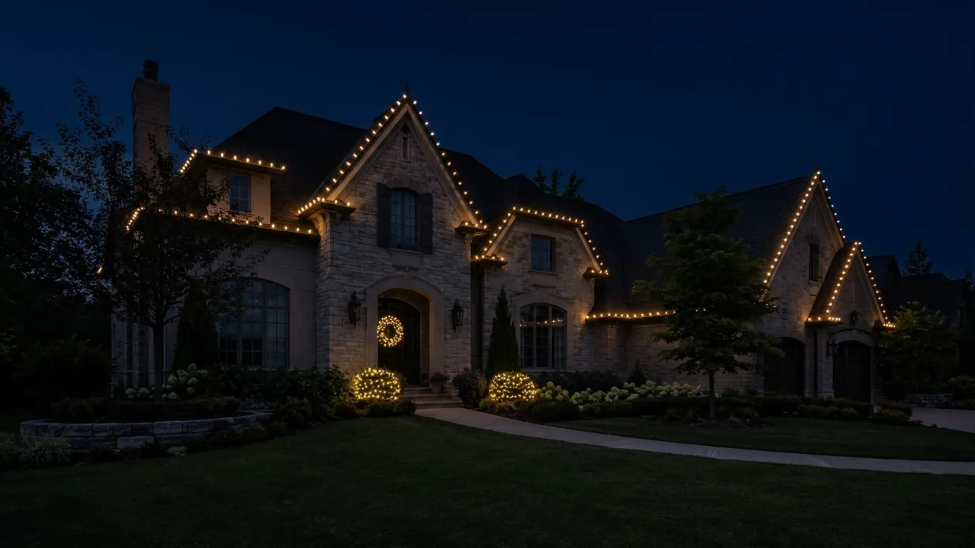 The same home at night with warm white roofline lights, a lit wreath on the door and two lit bushes