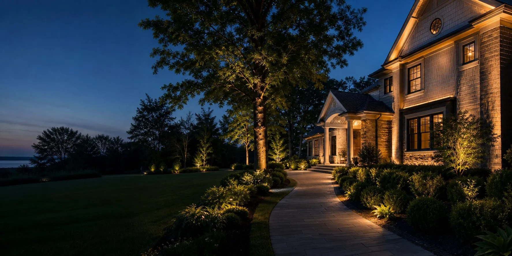 A Long Island home with warm landscape lighting at dusk